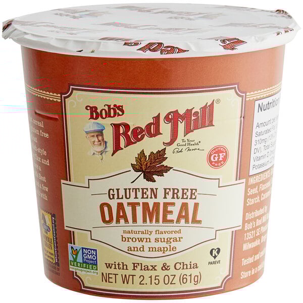 A Bob's Red Mill gluten-free oatmeal cup with a maple brown sugar label.
