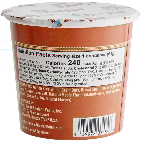 A container of Bob's Red Mill Maple Brown Sugar Gluten-Free Oatmeal with a label.