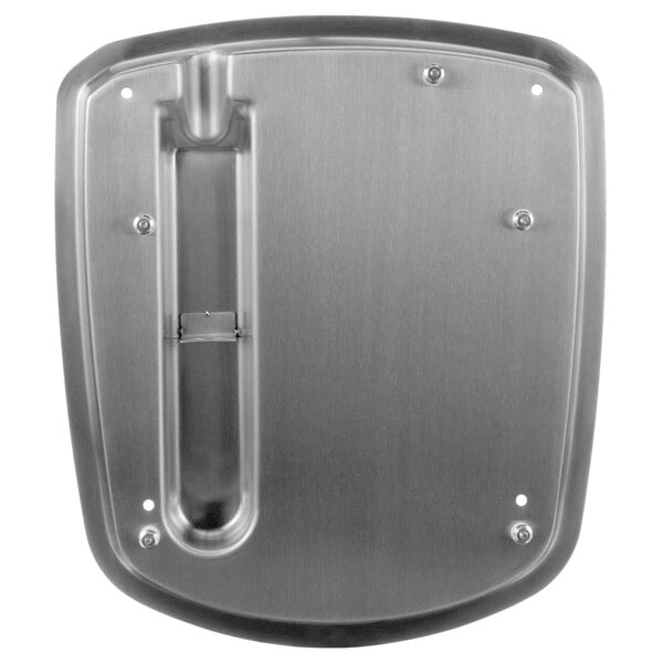 A metal plate with a hole and a stainless steel handle.