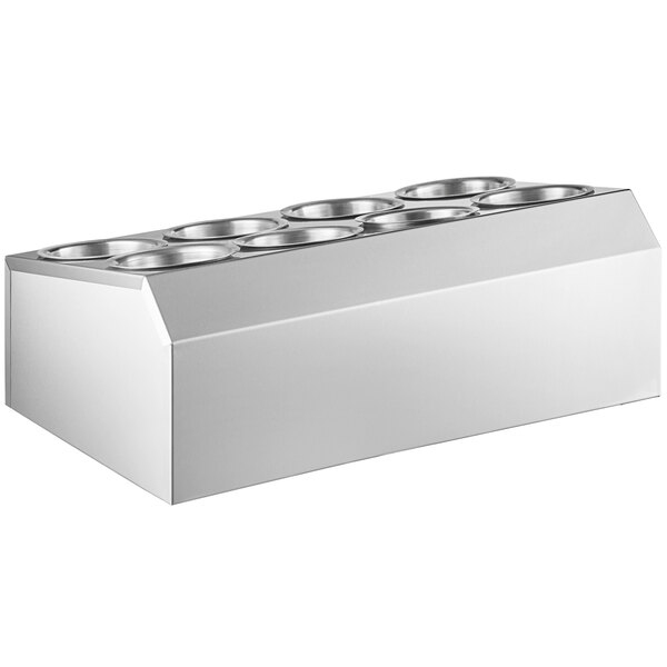 A stainless steel flatware organizer with eight holes.