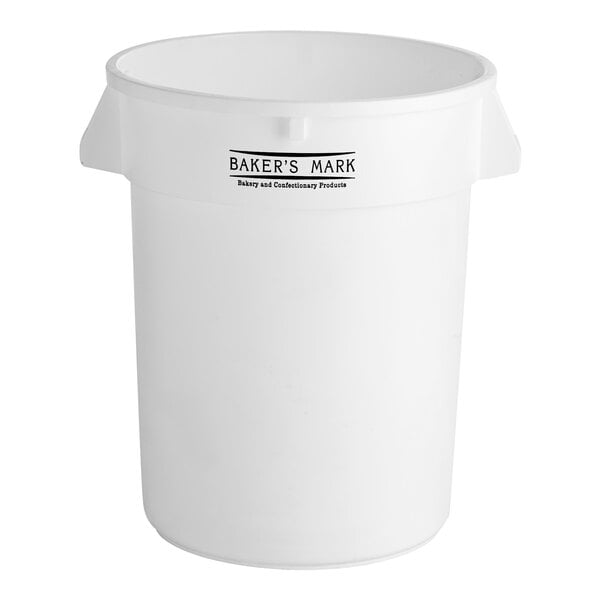 A large white round ingredient storage bin labeled 'Baker's Mark' with a 32-gallon capacity.