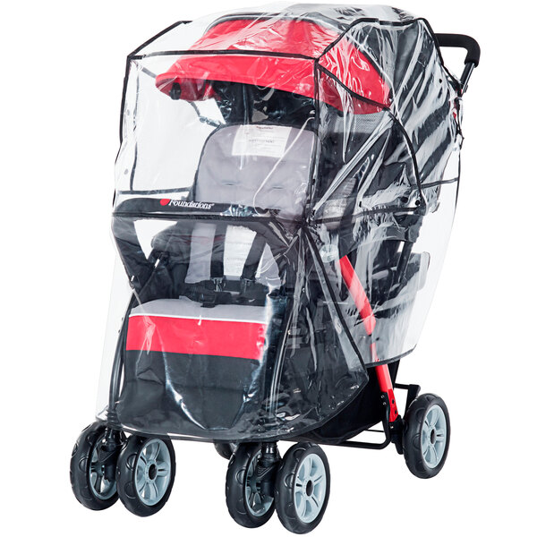 A Foundations Duo Sport stroller with a transparent vinyl rain shield.