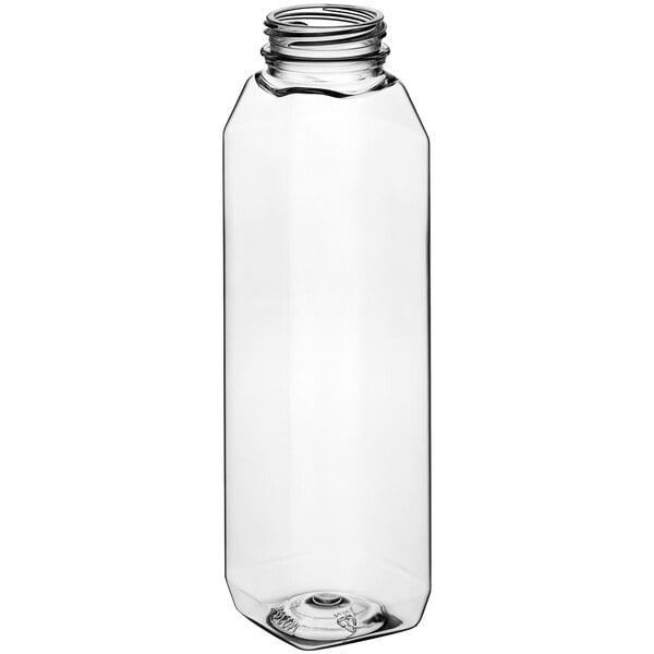 A clear plastic tall square juice bottle with a black cap.
