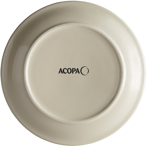 A white Acopa stoneware plate with black text that says "Acopa" in a narrow rim.