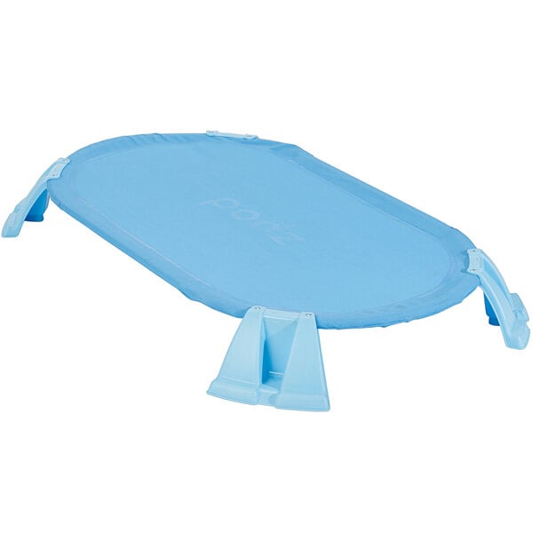 A blue plastic Foundations toddler cot with holes.