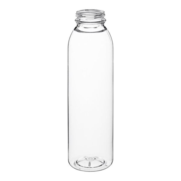 A clear round PET juice bottle with a cap.