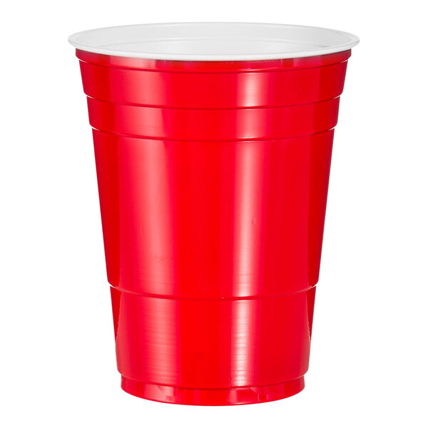 A close up of a red Solo plastic cup with a white lid.