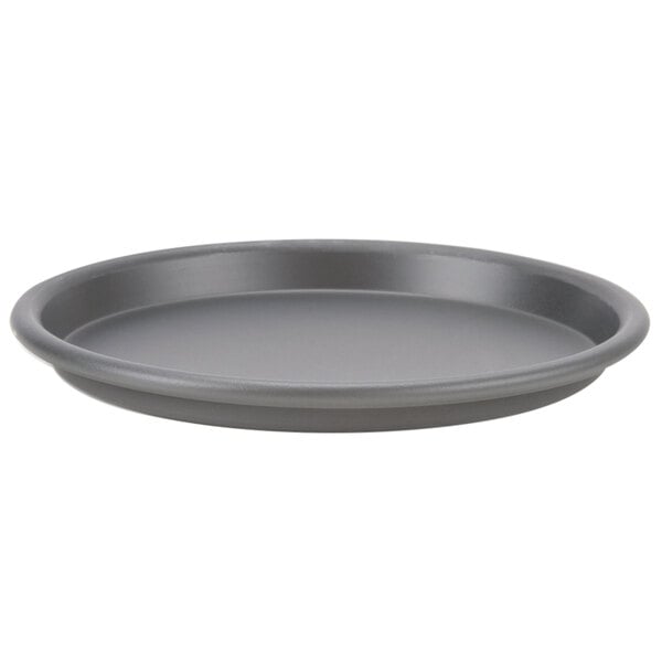 An American Metalcraft hard coat anodized aluminum round pizza pan on a white surface.