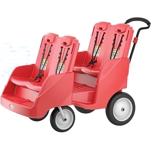 A red Foundations Gaggle Parade 4-passenger stroller with 5-point harnesses.