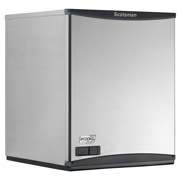 A Scotsman low side air cooled ice machine with a stainless steel finish.