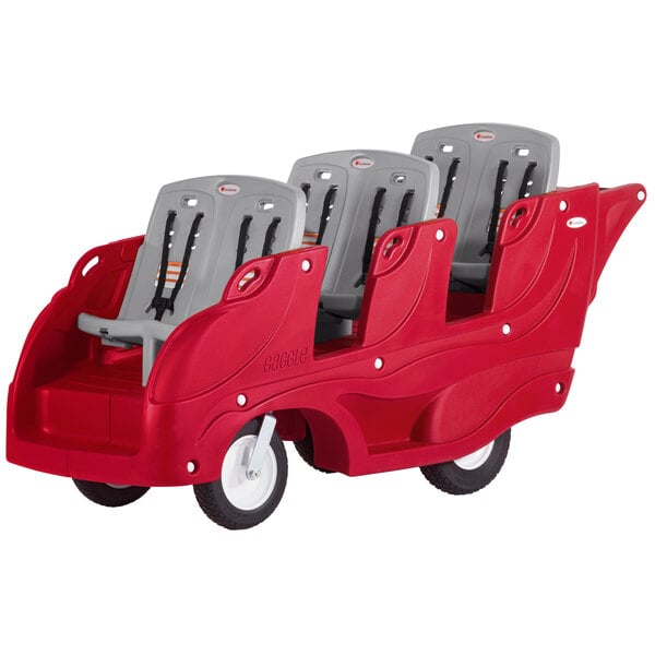 A red and gray Foundations Gaggle Parade 6-passenger daycare buggy with seats.