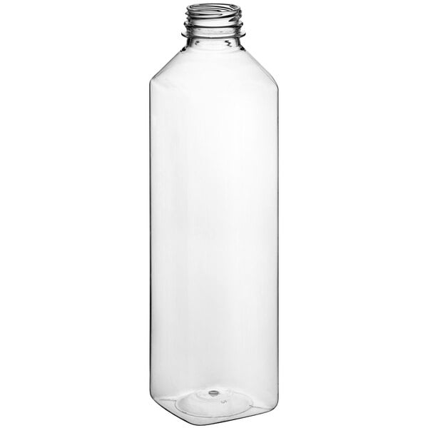 A clear plastic 32 oz. square juice bottle with a metal lid.