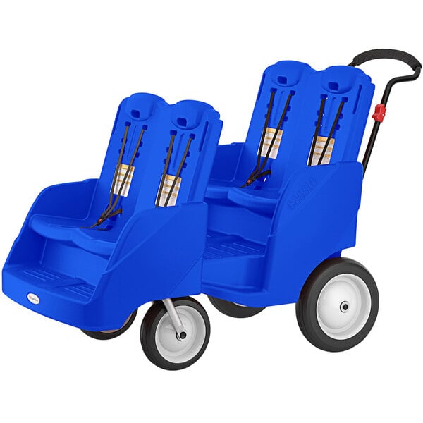 A blue Foundations Gaggle Parade 4-passenger stroller with two seats and two handles.