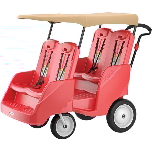 A tan canopy roof for a red Gaggle stroller with two seats.