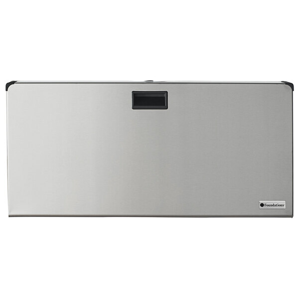 A rectangular stainless steel baby changing station with a black button.