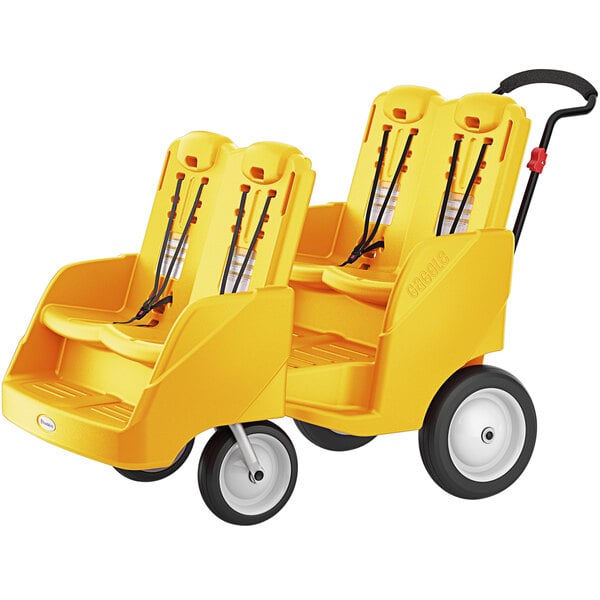 A yellow Gaggle Parade daycare buggy with four seats and black wheels.