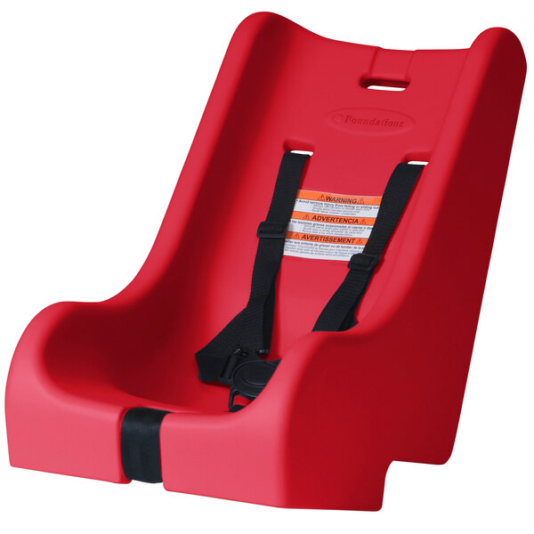 A red Foundations infant seat with a black 5-point harness.