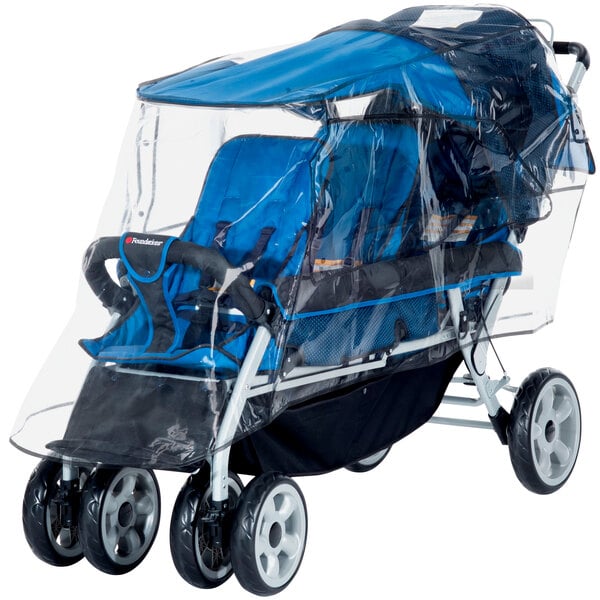 A blue and black Foundations LX3 stroller with a clear plastic rain shield.