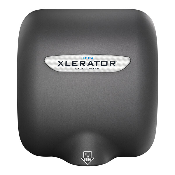 A black rectangular Excel XLERATOR hand dryer with a grey logo.