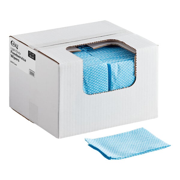 A box of blue standard duty foodservice wipers with one wiper displayed in front.