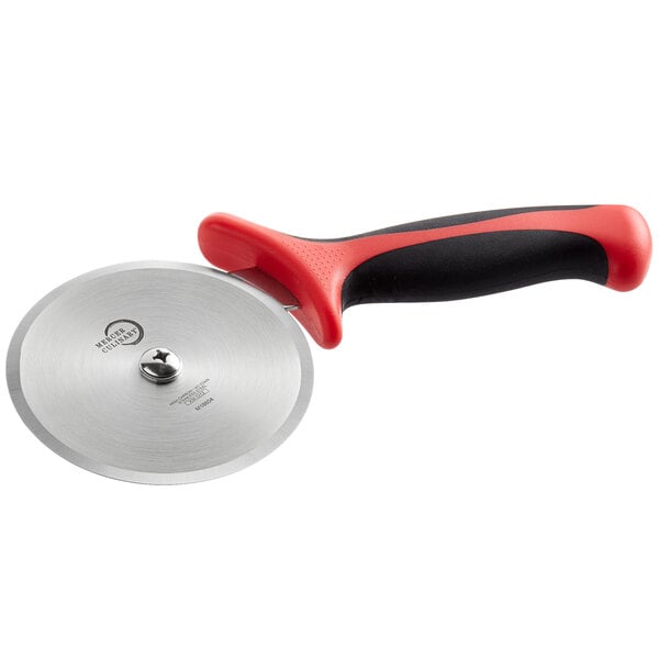 A close-up of a Mercer Culinary pizza cutter with a black and red handle.