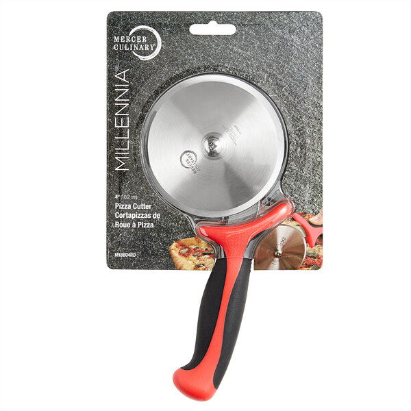 A Mercer Culinary Millennia pizza cutter with a red handle.