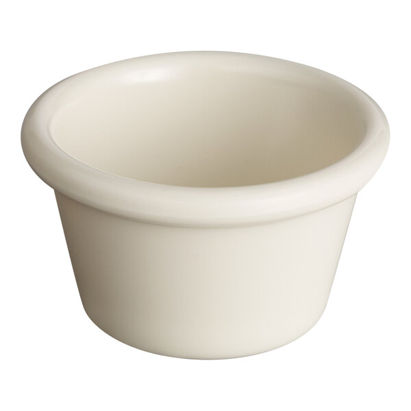A small, bone white smooth melamine ramekin.