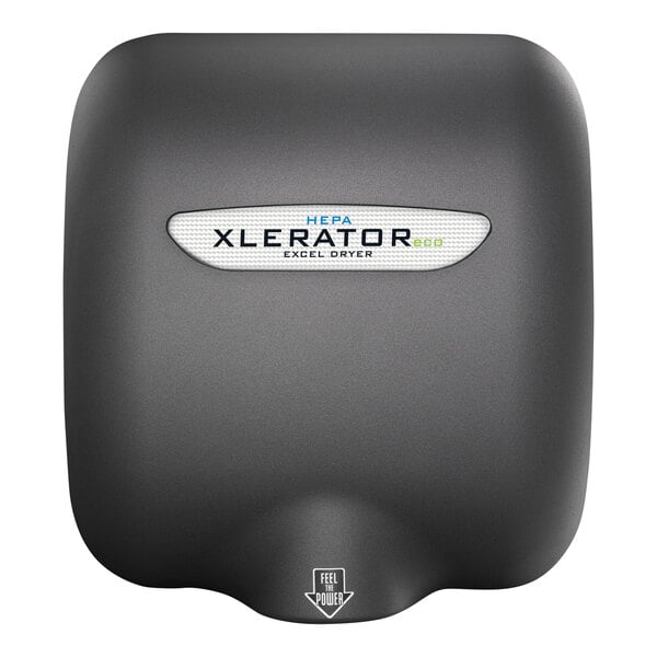 A black Excel Xlerator hand dryer with a white logo.