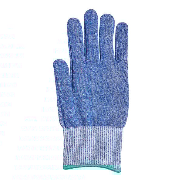 A blue glove with a green band.