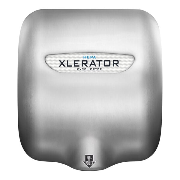 A stainless steel XLERATOR hand dryer with a logo.