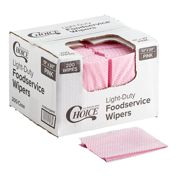 A box of Choice 13" x 20" pink light-duty foodservice wipers containing 200 wipes.