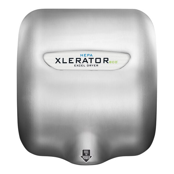 A stainless steel Excel XLERATOReco hand dryer with a white label.