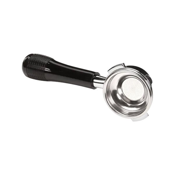 A close-up of a black and silver Nuova Simonelli Standard Single Spout Portafilter with a handle.