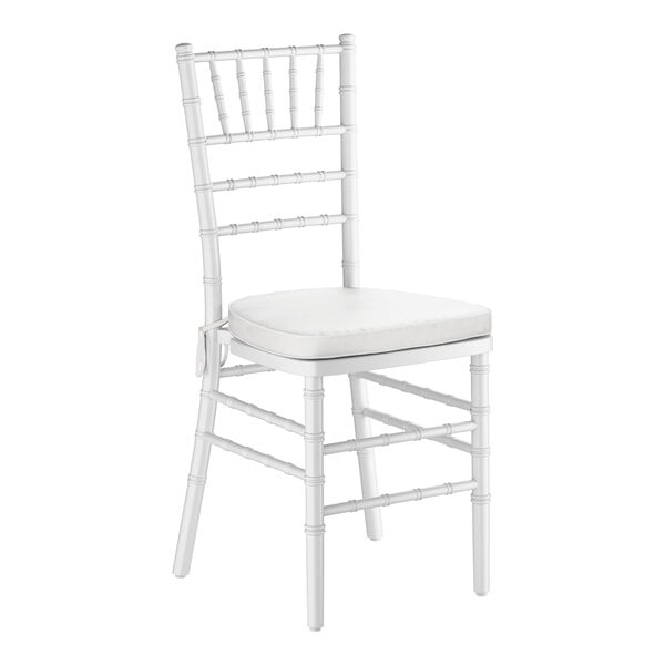 A white wood Chiavari chair with a white cushion.