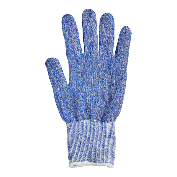 A blue Mercer Culinary Millennia Fit glove with a white band.