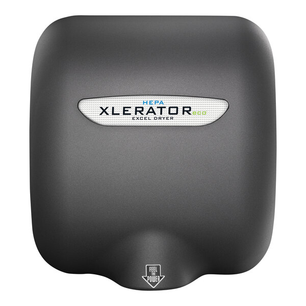 A black Excel XLERATOReco hand dryer cover with a white logo.