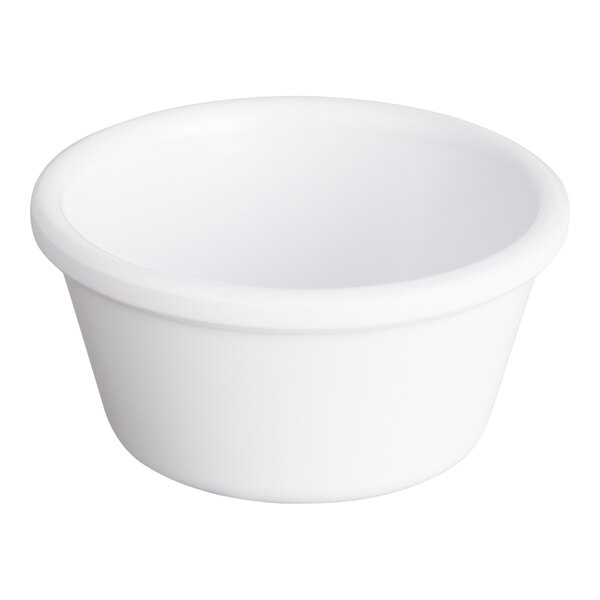 A small, white, smooth melamine ramekin.