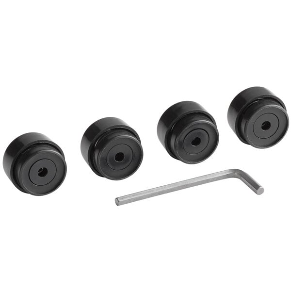 A set of four black round Lancaster Table & Seating M8 Thread Self Adjusting Leveling Table Feet with screws and nuts.