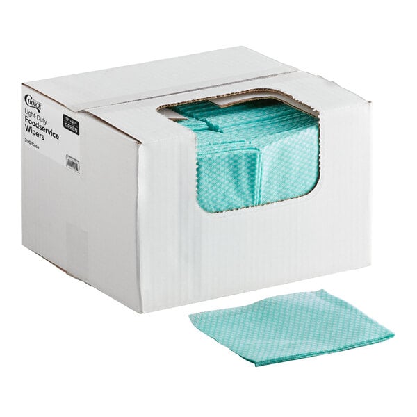 A box of green standard duty foodservice wipers with one wiper displayed in front.