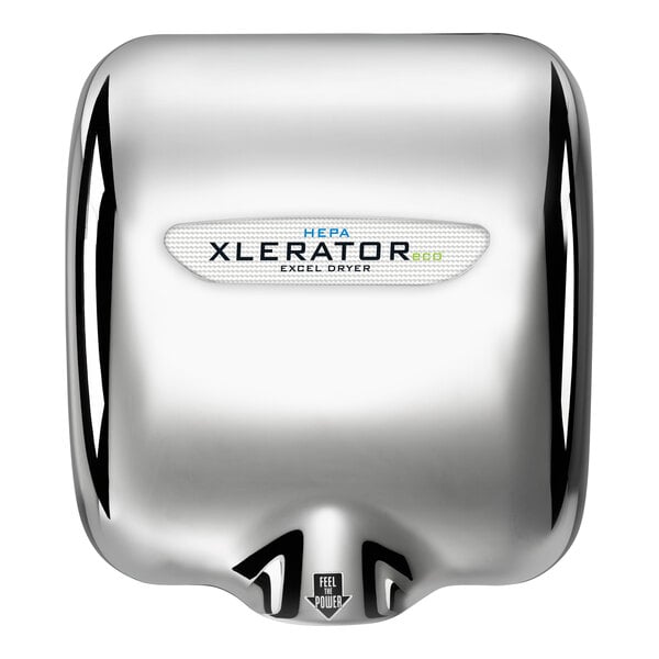 A chrome plated Excel XLERATOReco hand dryer with black and silver accents.