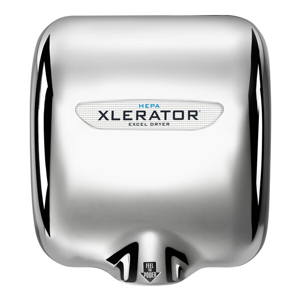 A Chrome plated XLERATOR hand dryer with a silver and black cover.