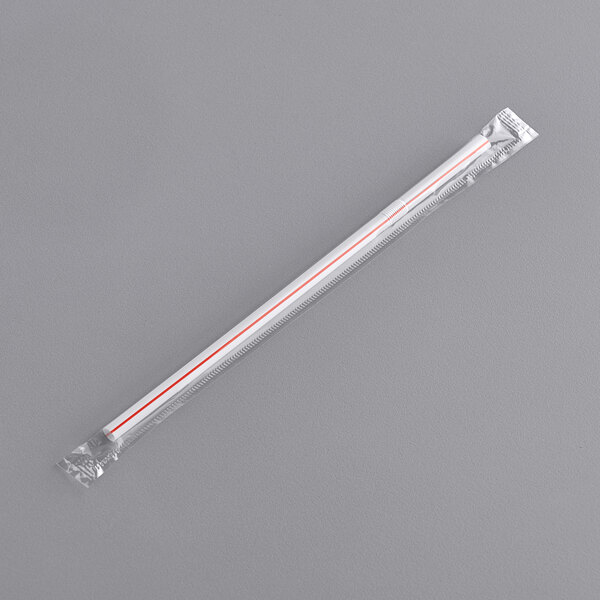 A white plastic straw with red stripes in a plastic wrapper.