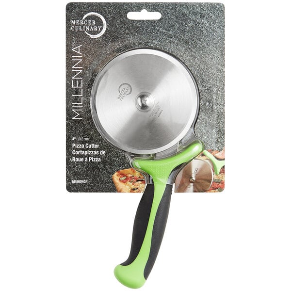 A Mercer Culinary Millennia pizza cutter with a green handle.