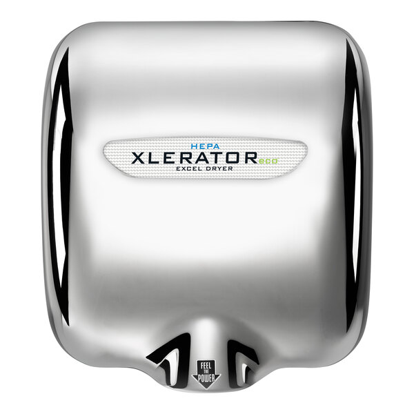 A chrome plated Excel hand dryer with a silver cover.