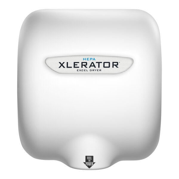 A white Excel XLERATOR hand dryer cover with a logo.