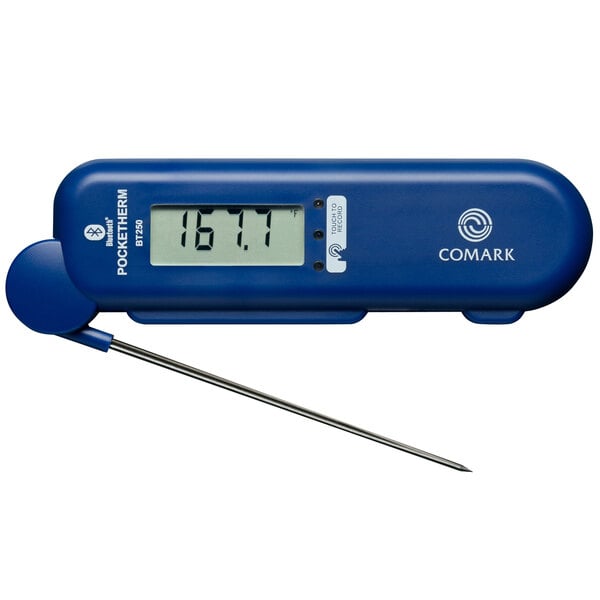 A blue Comark BT250KC digital thermometer with a screen.