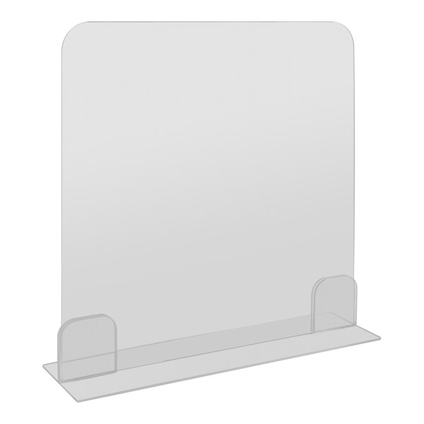 A clear plastic screen with a clear plastic stand.