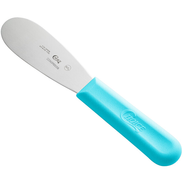 A blue sandwich spreader with a blue polypropylene handle.