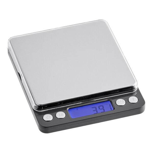 A compact digital portion control scale with a stainless steel platform and an LCD display.