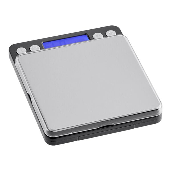 A compact digital portion control scale with a stainless steel weighing platform and an LCD display.